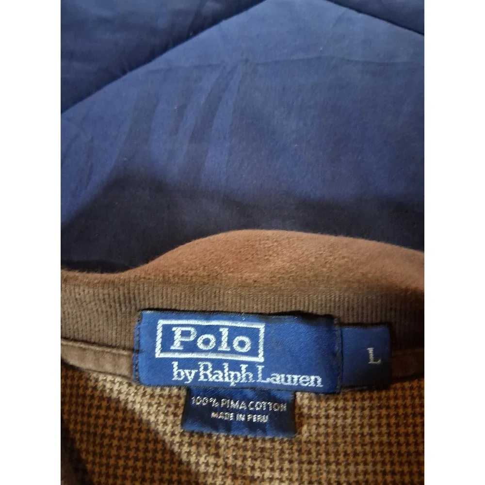 Polo Ralph Lauren Mens Large Brown Houndstooth Pima Cotton Long Sleeve Polo